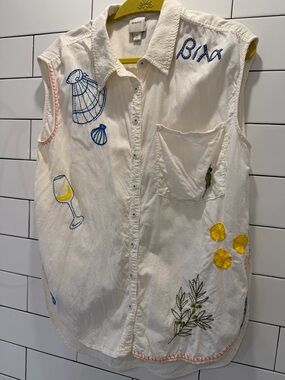 Anthropologie Maeve White Button-Up Oversize Tank with Summer Embroidery